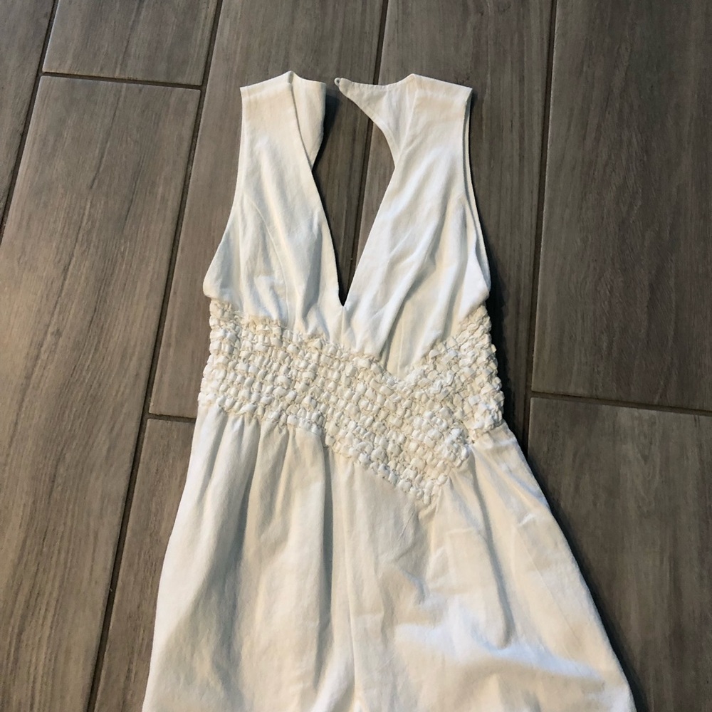 White Smocked Waist Mini Dress with Plunging V-Neck